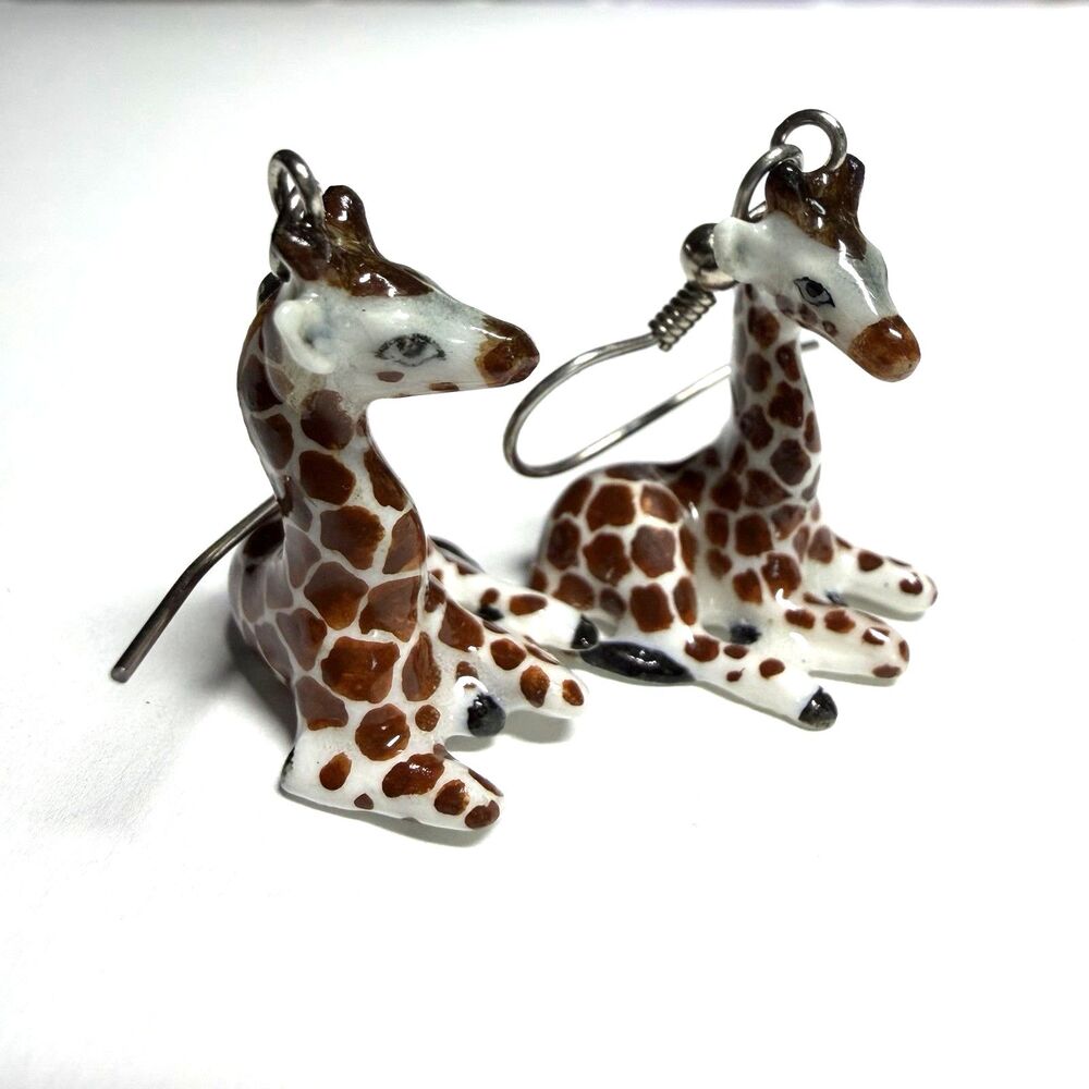 Vintage Seated Resting Ceramic Porcelain Giraffe Dangle Earrings
